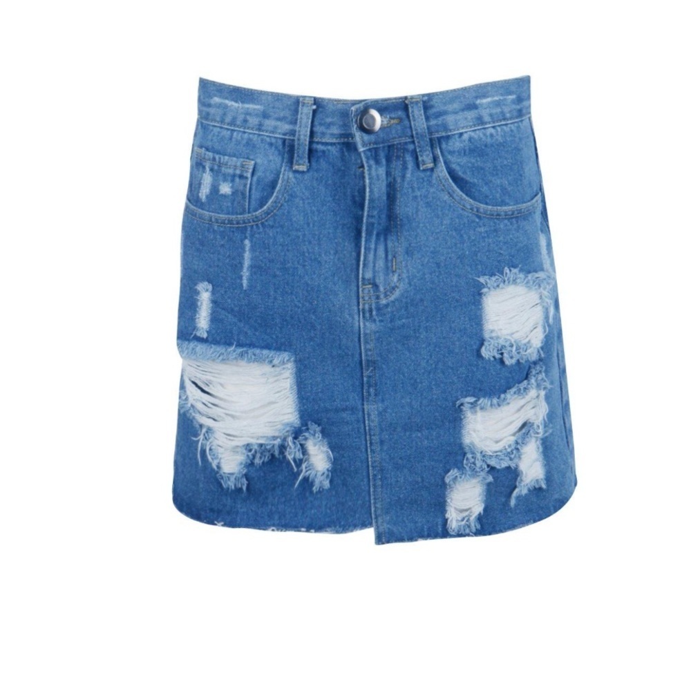 BOOHOO UNEVEN RAW HEM DISTRESSED DENIM SKIRT MID BLUE WITH POCKETS SIZE 4 NEW - Picture 10 of 11